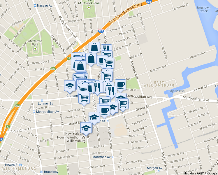 map of restaurants, bars, coffee shops, grocery stores, and more near 240A Skillman Avenue in Brooklyn