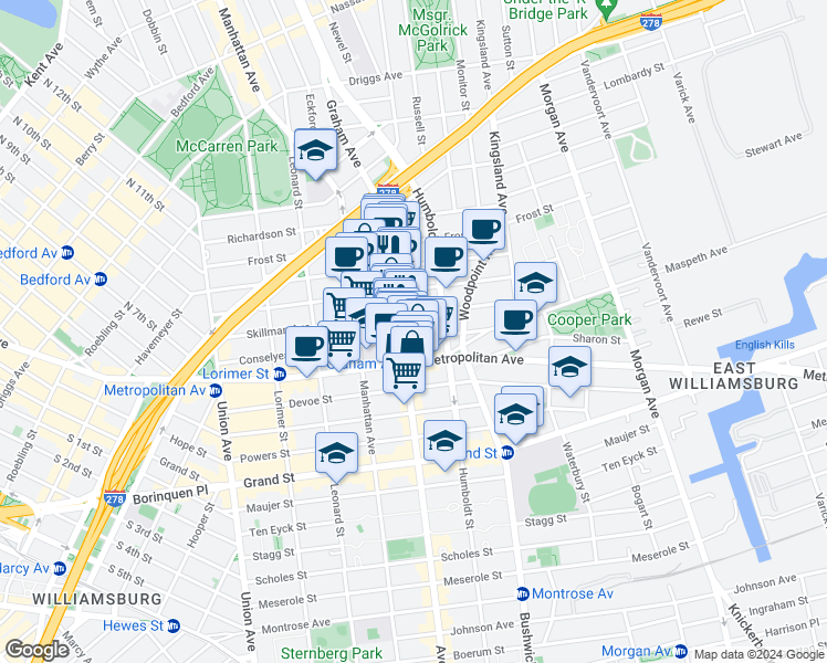 map of restaurants, bars, coffee shops, grocery stores, and more near 176 Skillman Avenue in Brooklyn