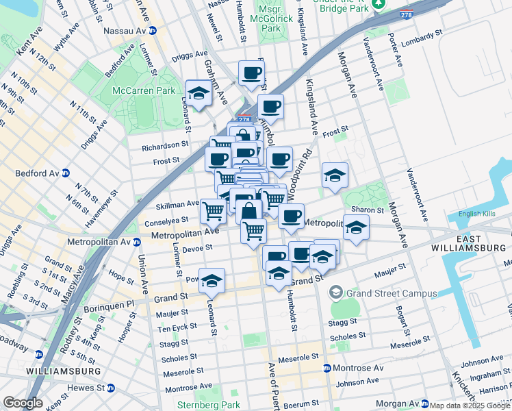 map of restaurants, bars, coffee shops, grocery stores, and more near 176 Skillman Avenue in Brooklyn