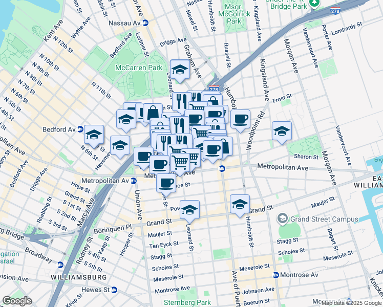 map of restaurants, bars, coffee shops, grocery stores, and more near 111 Skillman Avenue in Brooklyn