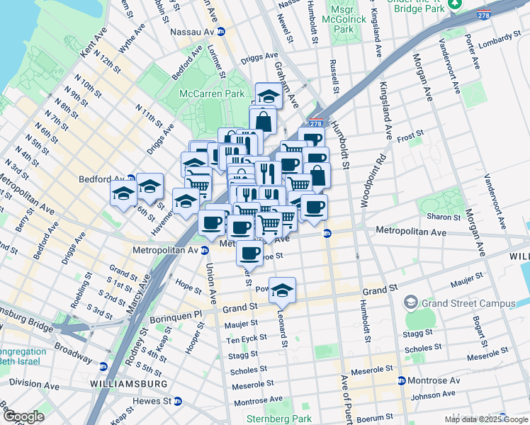 map of restaurants, bars, coffee shops, grocery stores, and more near 76 Jackson Street in Brooklyn