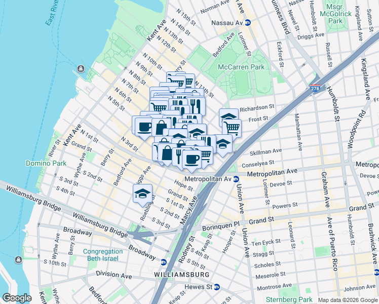 map of restaurants, bars, coffee shops, grocery stores, and more near 215 North 6th Street in Brooklyn