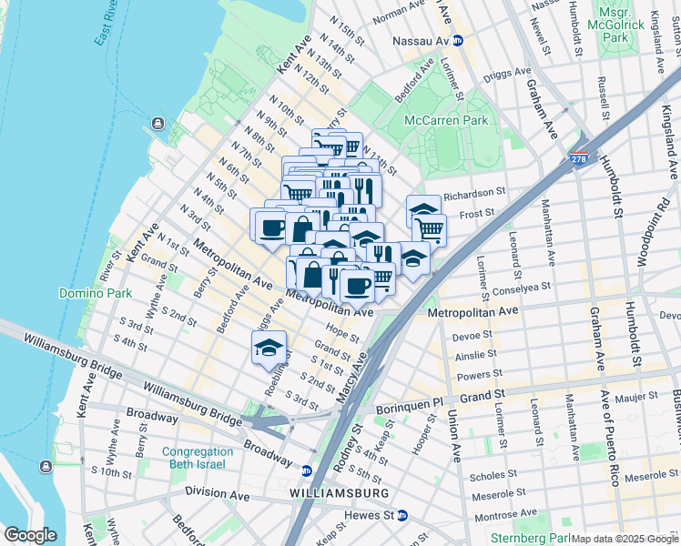 map of restaurants, bars, coffee shops, grocery stores, and more near 215 North 6th Street in Brooklyn