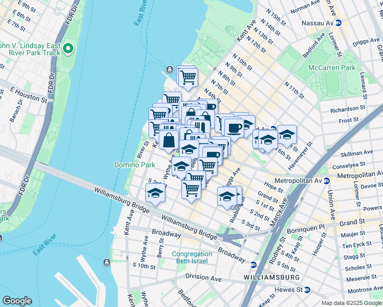 map of restaurants, bars, coffee shops, grocery stores, and more near 88 North 1st Street in Brooklyn