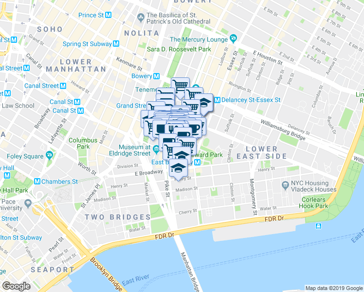 map of restaurants, bars, coffee shops, grocery stores, and more near 50-52 Eldridge Street in New York