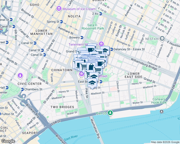 map of restaurants, bars, coffee shops, grocery stores, and more near 50-52 Eldridge Street in New York