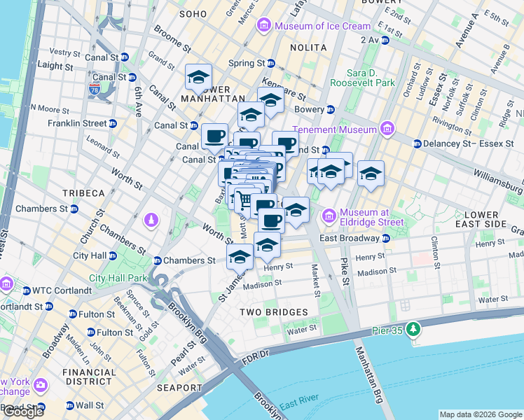 map of restaurants, bars, coffee shops, grocery stores, and more near 64 Mott Street in New York