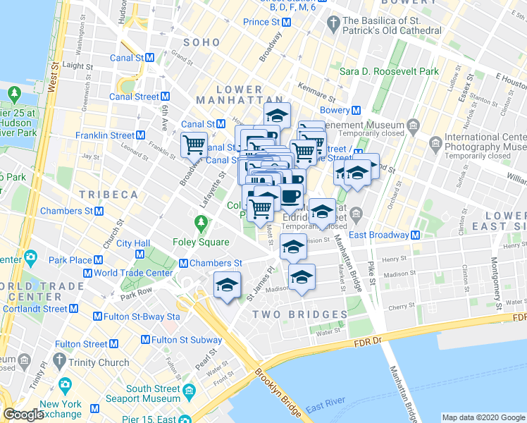 map of restaurants, bars, coffee shops, grocery stores, and more near 87 Mulberry Street in New York