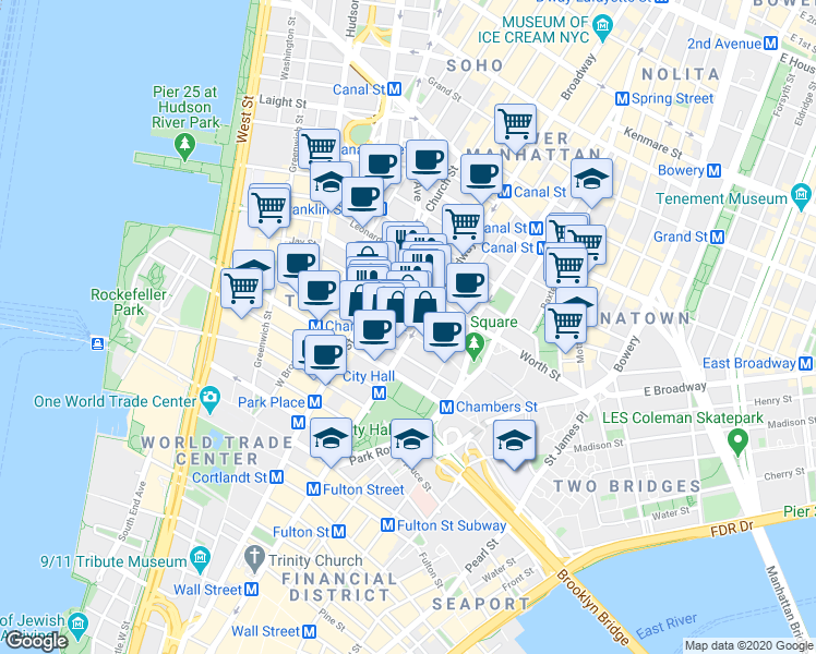 map of restaurants, bars, coffee shops, grocery stores, and more near 12 Thomas Street in New York