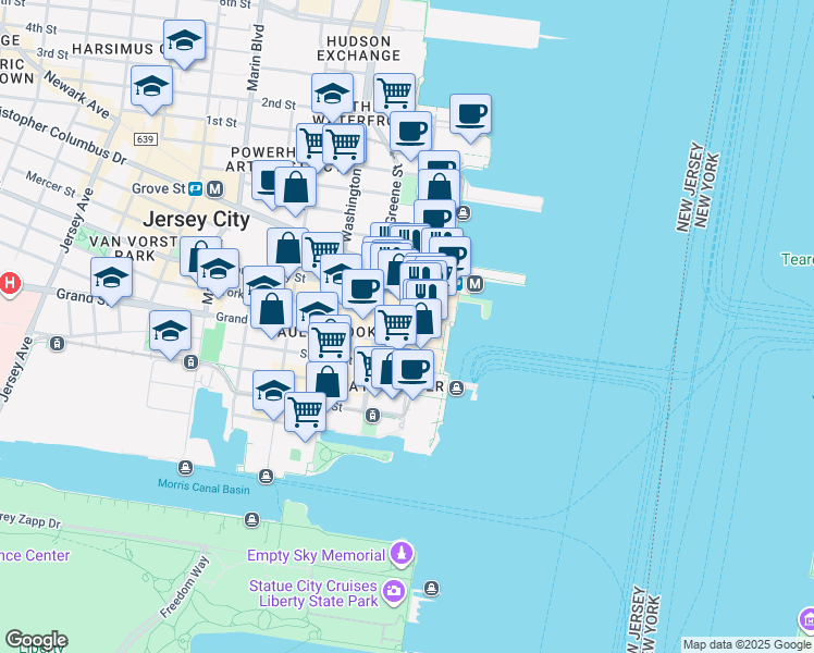 map of restaurants, bars, coffee shops, grocery stores, and more near 31 Exchange Place in Jersey City