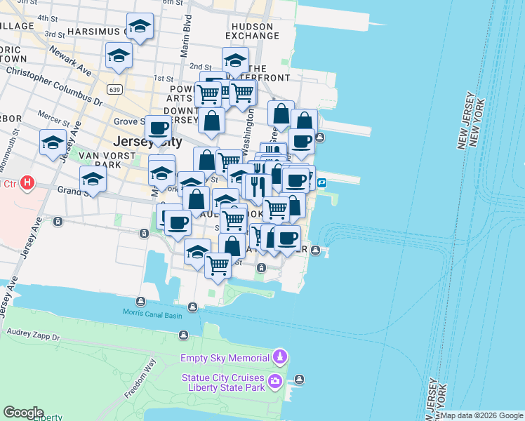 map of restaurants, bars, coffee shops, grocery stores, and more near 101 Hudson Street in Jersey City