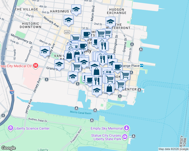map of restaurants, bars, coffee shops, grocery stores, and more near 131 York Street in Jersey City