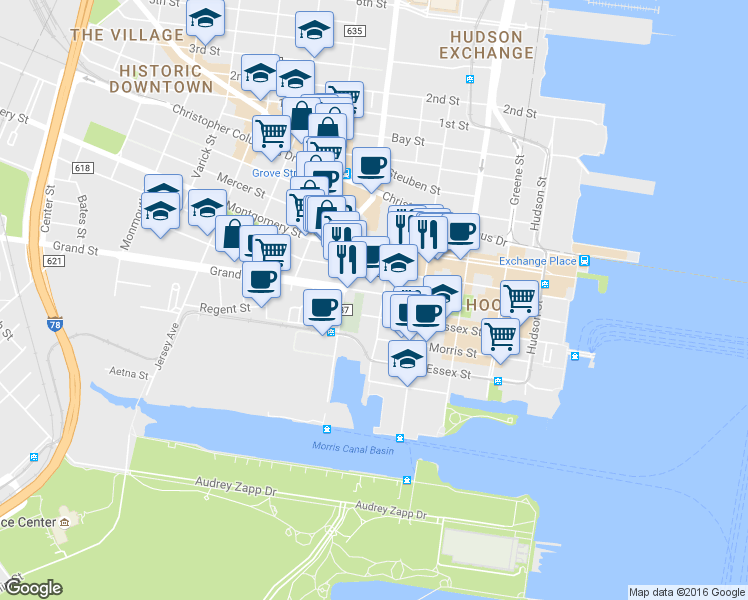 map of restaurants, bars, coffee shops, grocery stores, and more near 170 Grand Street in Jersey City