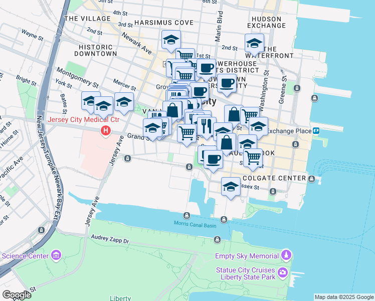 map of restaurants, bars, coffee shops, grocery stores, and more near in Jersey City
