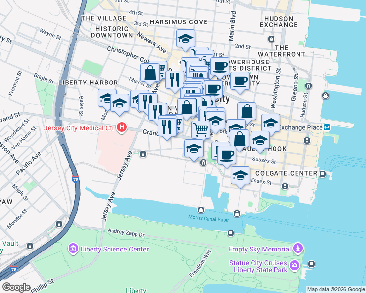 map of restaurants, bars, coffee shops, grocery stores, and more near 237 Grand Street in Jersey City