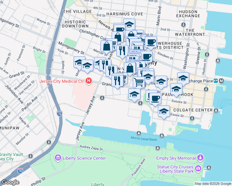 map of restaurants, bars, coffee shops, grocery stores, and more near 290 Grand Street in Jersey City