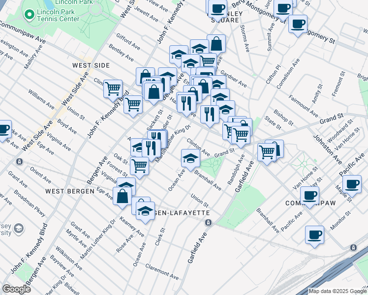 map of restaurants, bars, coffee shops, grocery stores, and more near 49 Clinton Avenue in Jersey City