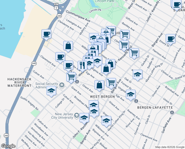 map of restaurants, bars, coffee shops, grocery stores, and more near 243 Virginia Avenue in Jersey City