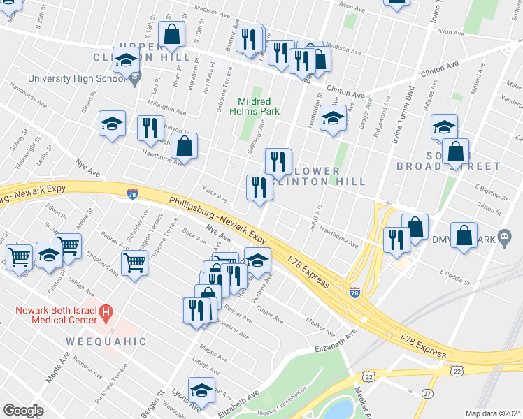 map of restaurants, bars, coffee shops, grocery stores, and more near in Newark