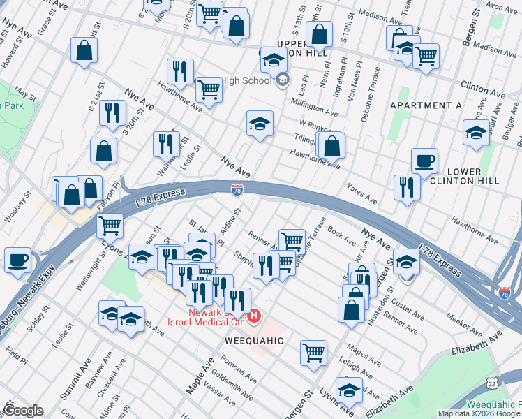 map of restaurants, bars, coffee shops, grocery stores, and more near 69 Wolcott Terrace in Newark
