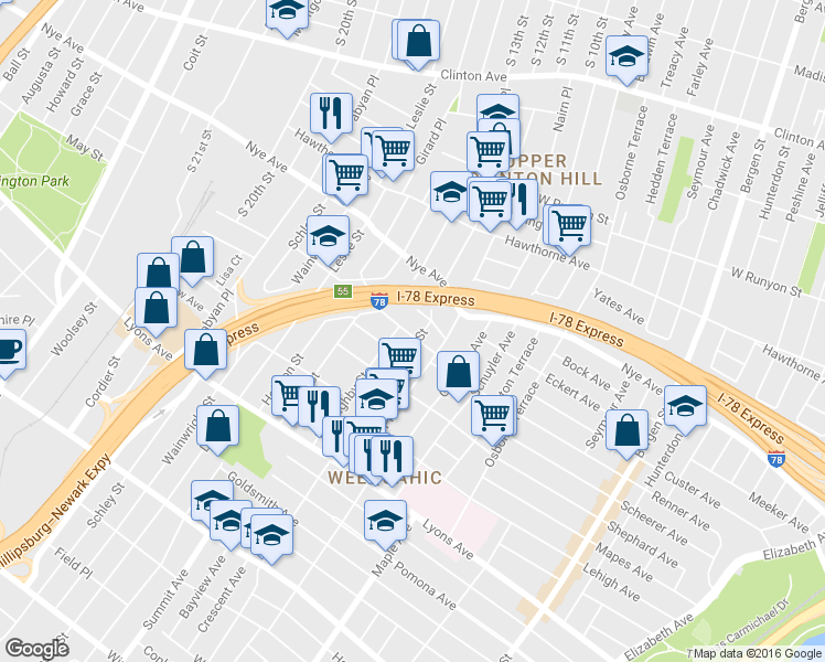 map of restaurants, bars, coffee shops, grocery stores, and more near 22 Edmonds Place in Newark