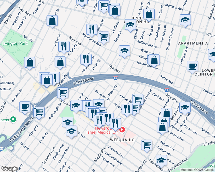 map of restaurants, bars, coffee shops, grocery stores, and more near 22 Edmonds Place in Newark