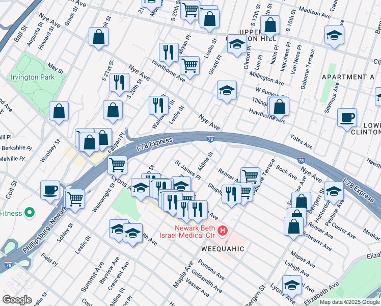 map of restaurants, bars, coffee shops, grocery stores, and more near 19 Edwin Place in Newark