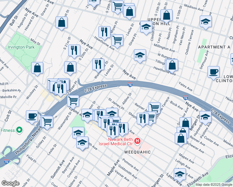 map of restaurants, bars, coffee shops, grocery stores, and more near 19 Edwin Place in Newark