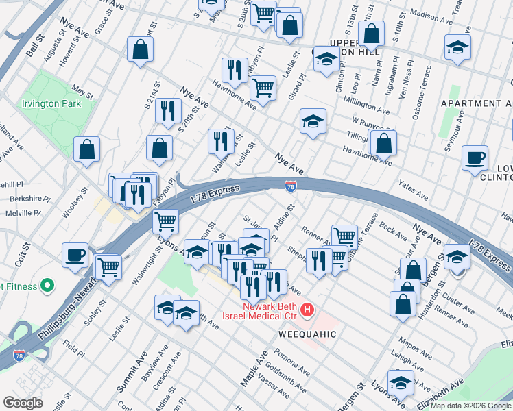 map of restaurants, bars, coffee shops, grocery stores, and more near 19 Edwin Place in Newark