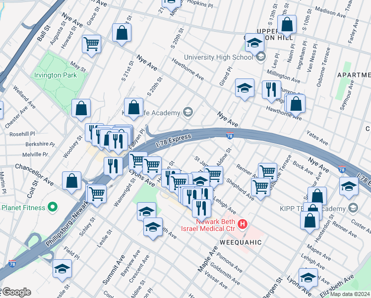 map of restaurants, bars, coffee shops, grocery stores, and more near 120 Hobson Street in Newark