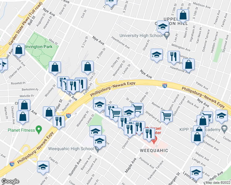 map of restaurants, bars, coffee shops, grocery stores, and more near 236 Leslie Street in Newark