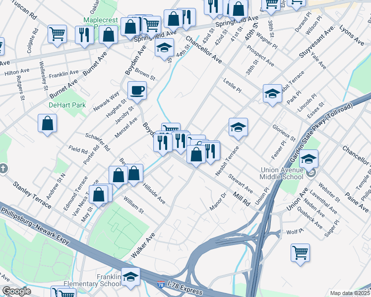 map of restaurants, bars, coffee shops, grocery stores, and more near 262 40th Street in Irvington
