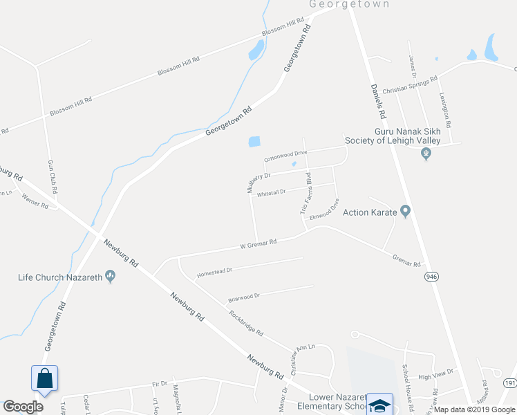 map of restaurants, bars, coffee shops, grocery stores, and more near 640 Mulberry Drive in Nazareth