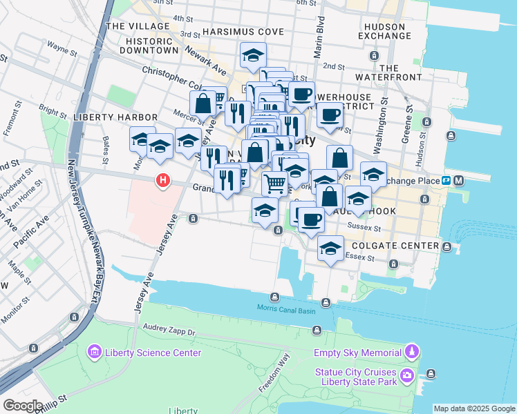 map of restaurants, bars, coffee shops, grocery stores, and more near 235 Grand Street in Jersey City