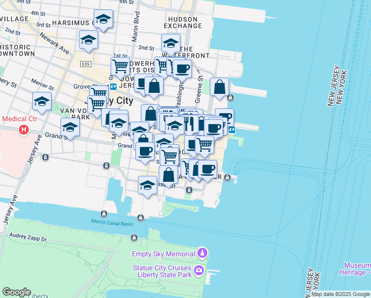 map of restaurants, bars, coffee shops, grocery stores, and more near 95 Greene Street in Jersey City