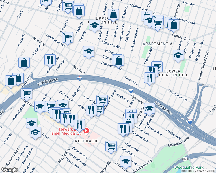 map of restaurants, bars, coffee shops, grocery stores, and more near 37 Schuyler Avenue in Newark