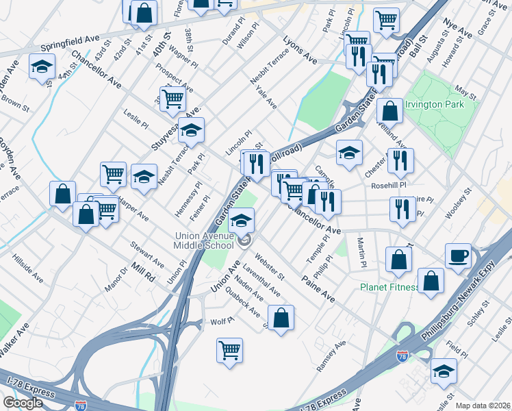 map of restaurants, bars, coffee shops, grocery stores, and more near 39 Rutgers Street in Irvington