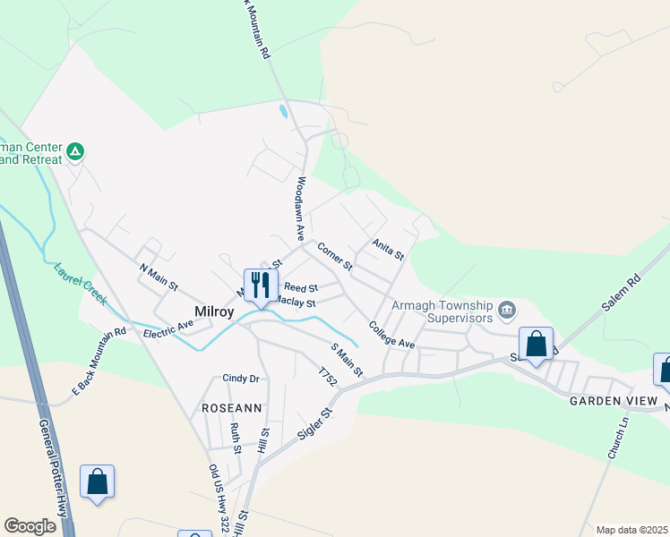map of restaurants, bars, coffee shops, grocery stores, and more near 197 College Avenue in Milroy