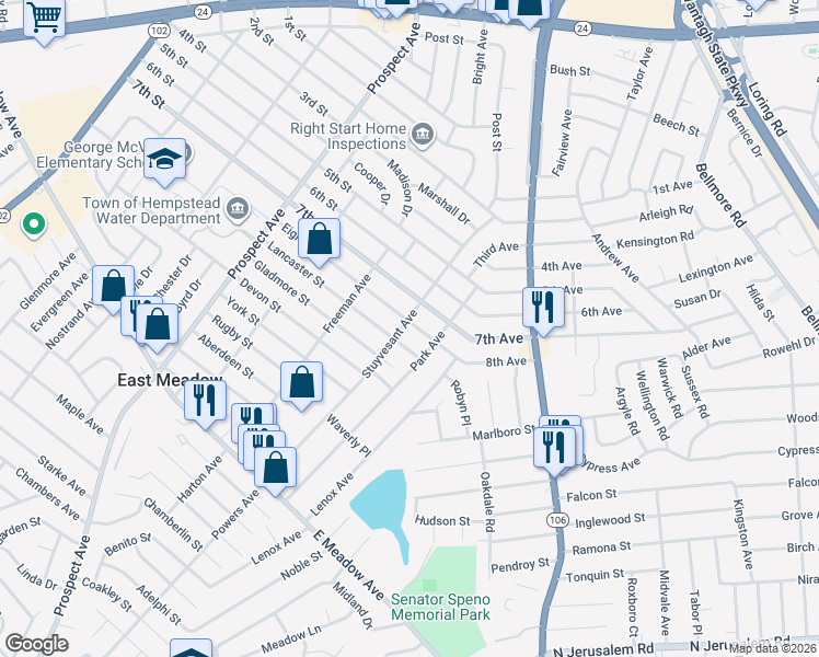 map of restaurants, bars, coffee shops, grocery stores, and more near 2015 Stuyvesant Avenue in East Meadow