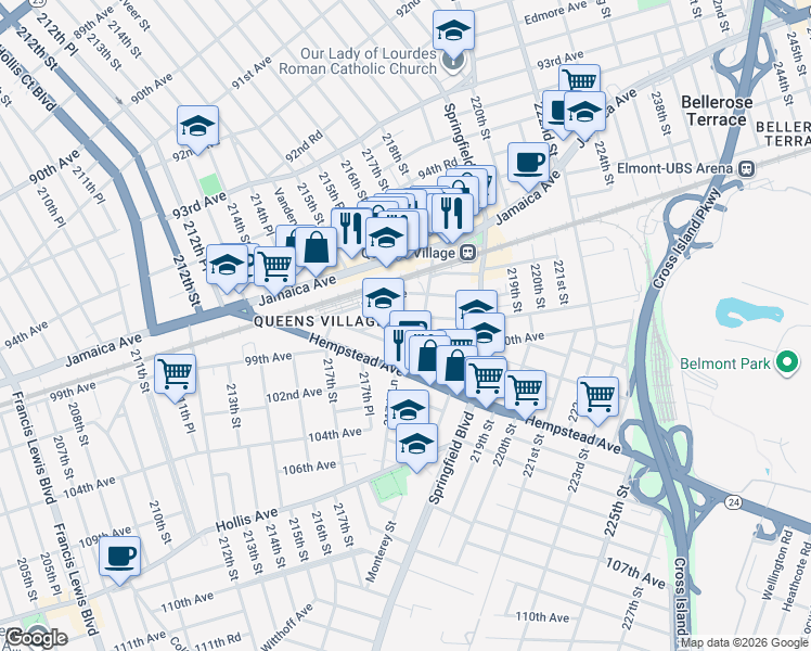 map of restaurants, bars, coffee shops, grocery stores, and more near 98-17 217th Lane in Queens