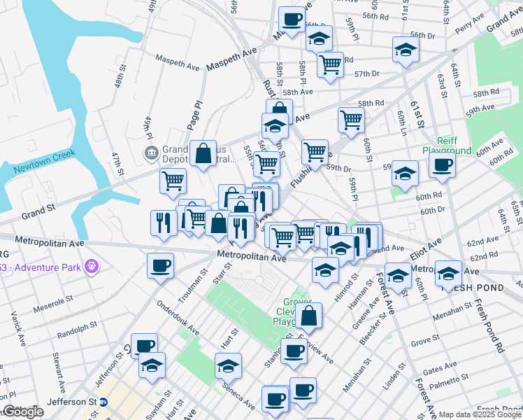 map of restaurants, bars, coffee shops, grocery stores, and more near 55-03 Flushing Avenue in Queens