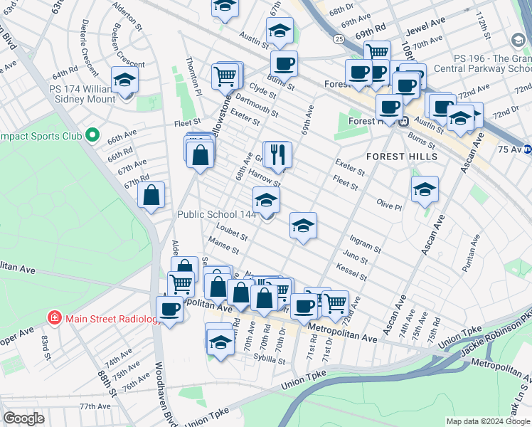 map of restaurants, bars, coffee shops, grocery stores, and more near 94-11 69th Avenue in Queens