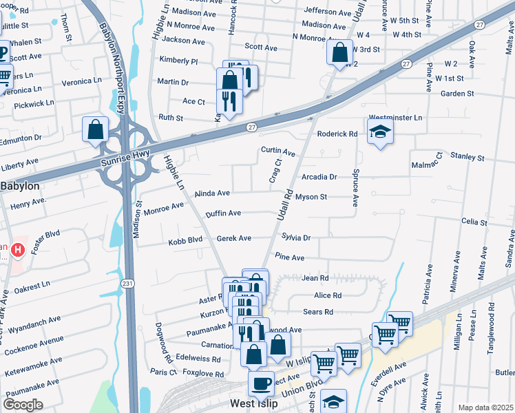 map of restaurants, bars, coffee shops, grocery stores, and more near 64 Alinda Avenue in West Islip