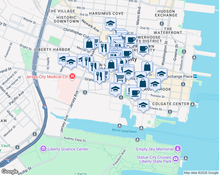 map of restaurants, bars, coffee shops, grocery stores, and more near 237 Grand Street in Jersey City