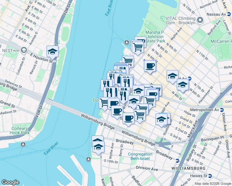 map of restaurants, bars, coffee shops, grocery stores, and more near Kent Avenue & South 1st Street in Brooklyn