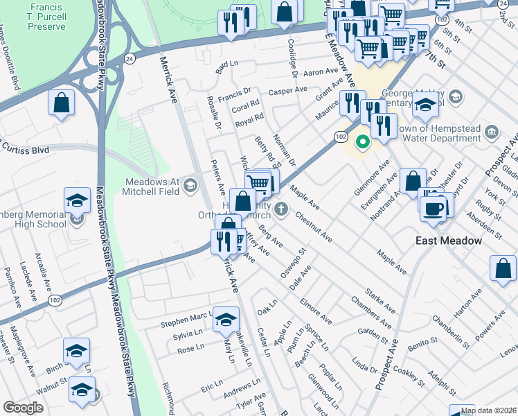 map of restaurants, bars, coffee shops, grocery stores, and more near 1642 New York 102 in East Meadow