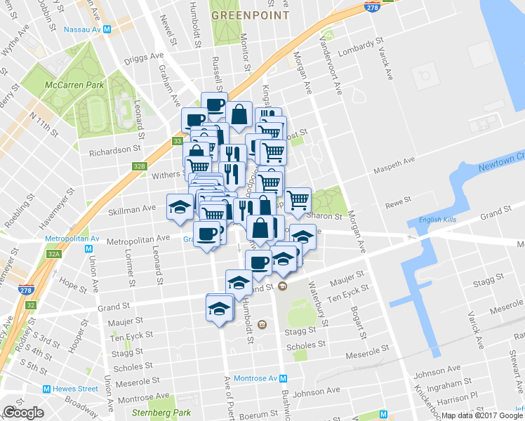map of restaurants, bars, coffee shops, grocery stores, and more near Maspeth Ave & Conselyea St in Brooklyn