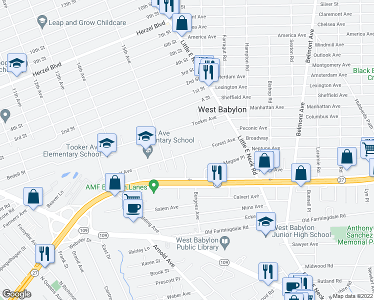 map of restaurants, bars, coffee shops, grocery stores, and more near 100 Forest Avenue in West Babylon