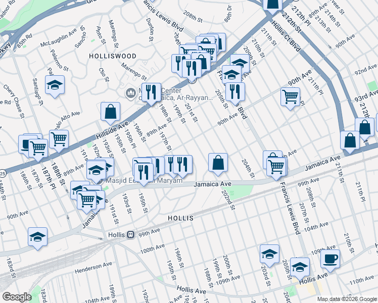 map of restaurants, bars, coffee shops, grocery stores, and more near in Queens