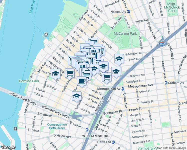 map of restaurants, bars, coffee shops, grocery stores, and more near 597 Driggs Avenue in Brooklyn